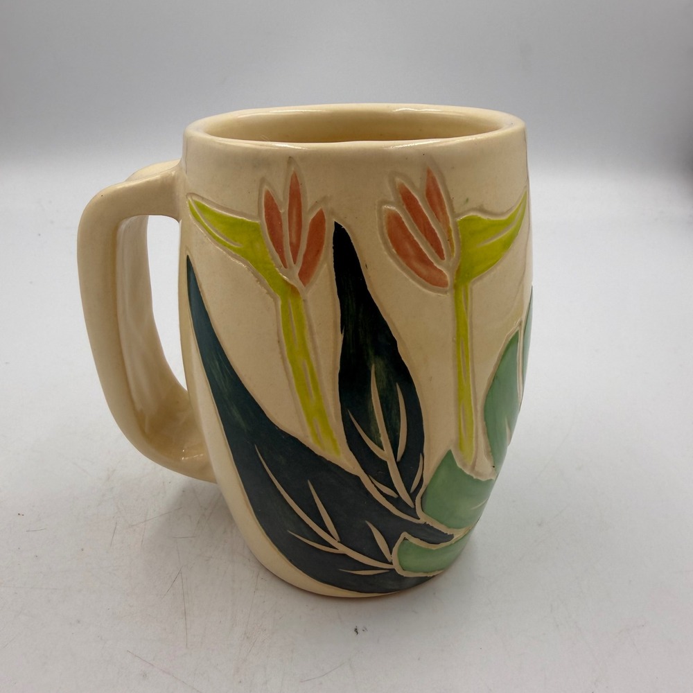 Aramore Handmade Studio Pottery Mug Sgraffito Floral Lotus Ceramic Cup
